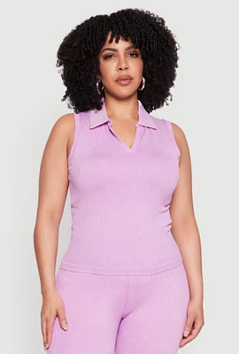 Womens Plus Size Mineral Wash Ribbed Knit Johnny Collar Top, Purple, Size 1X-2X