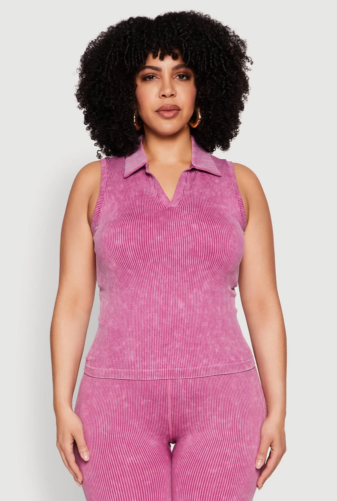 Womens Plus Size Mineral Wash Ribbed Knit Johnny Collar Top, Purple, Size 1X-2X