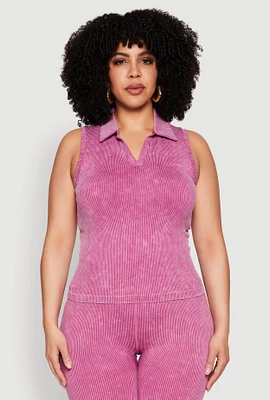 Womens Plus Size Mineral Wash Ribbed Knit Johnny Collar Top, Purple, Size 1X-2X