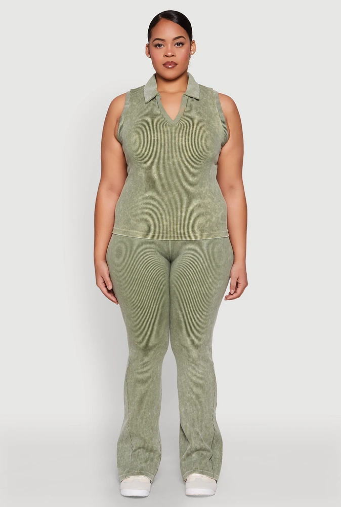 Womens Plus Size Mineral Wash Ribbed Knit Boot Cut Pants, Green, Size 2X-3X