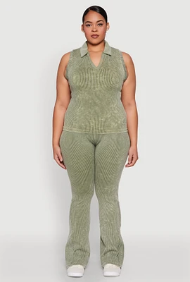 Womens Plus Size Mineral Wash Ribbed Knit Boot Cut Pants, Green, Size 2X-3X