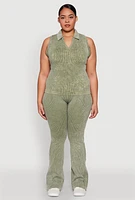 Womens Plus Size Mineral Wash Ribbed Knit Boot Cut Pants, Green, Size 2X-3X