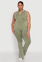 Womens Plus Size Mineral Wash Ribbed Knit Boot Cut Pants, Green, Size 2X-3X