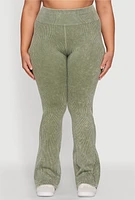 Womens Plus Size Mineral Wash Ribbed Knit Boot Cut Pants, Green, Size 2X-3X