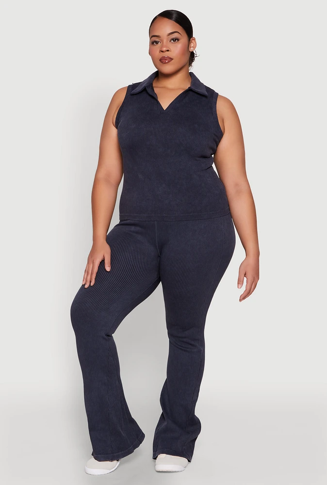 Womens Plus Mineral Wash Ribbed Knit Boot Cut Pants, 1X-2X