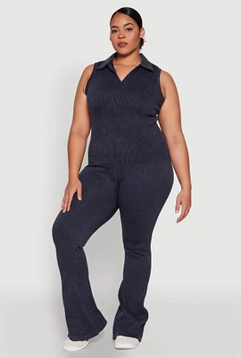 Womens Plus Mineral Wash Ribbed Knit Boot Cut Pants, 1X-2X