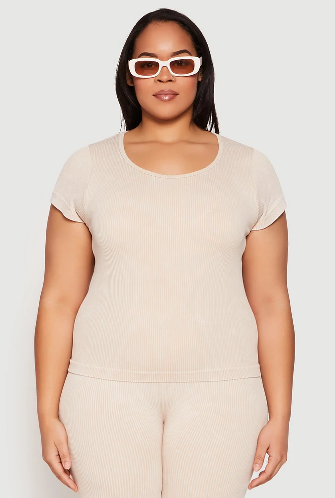 Womens Plus Compression Rib Seamless Mineral Wash Top, Beige,