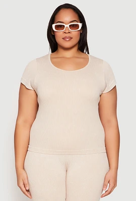 Womens Plus Compression Rib Seamless Mineral Wash Top, Beige,