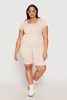 Womens Plus Compression Rib Seamless Mineral Wash Top, Beige,