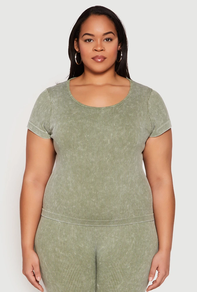 Womens Plus Size Compression Rib Seamless Mineral Wash Top, Green, Size 1X-2X