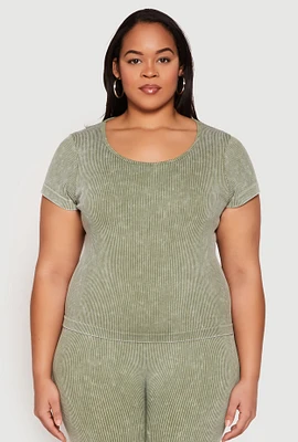 Womens Plus Size Compression Rib Seamless Mineral Wash Top, Green, Size 1X-2X
