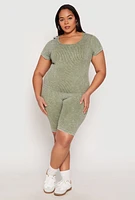 Womens Plus Size Compression Rib Seamless Mineral Wash Top, Green, Size 1X-2X