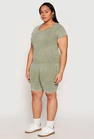 Womens Plus Size Compression Rib Seamless Mineral Wash Top, Green, Size 1X-2X