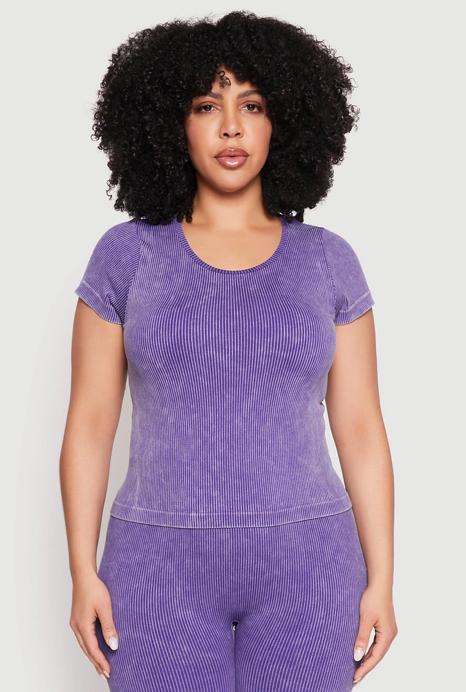Womens Plus Size Compression Rib Seamless Mineral Wash Top, Purple, Size 2X-3X