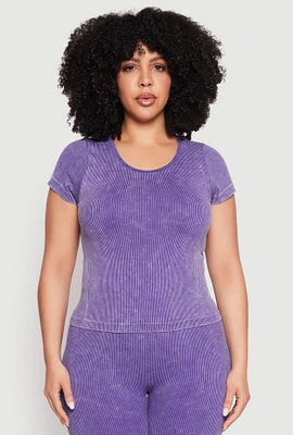 Womens Plus Size Compression Rib Seamless Mineral Wash Top, Purple, Size 2X-3X