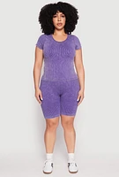 Womens Plus Size Compression Rib Seamless Mineral Wash Top, Purple, Size 2X-3X