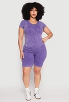 Womens Plus Size Compression Rib Seamless Mineral Wash Top, Purple, Size 2X-3X