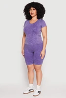 Womens Plus Size Compression Rib Seamless Mineral Wash Top, Purple, Size 2X-3X