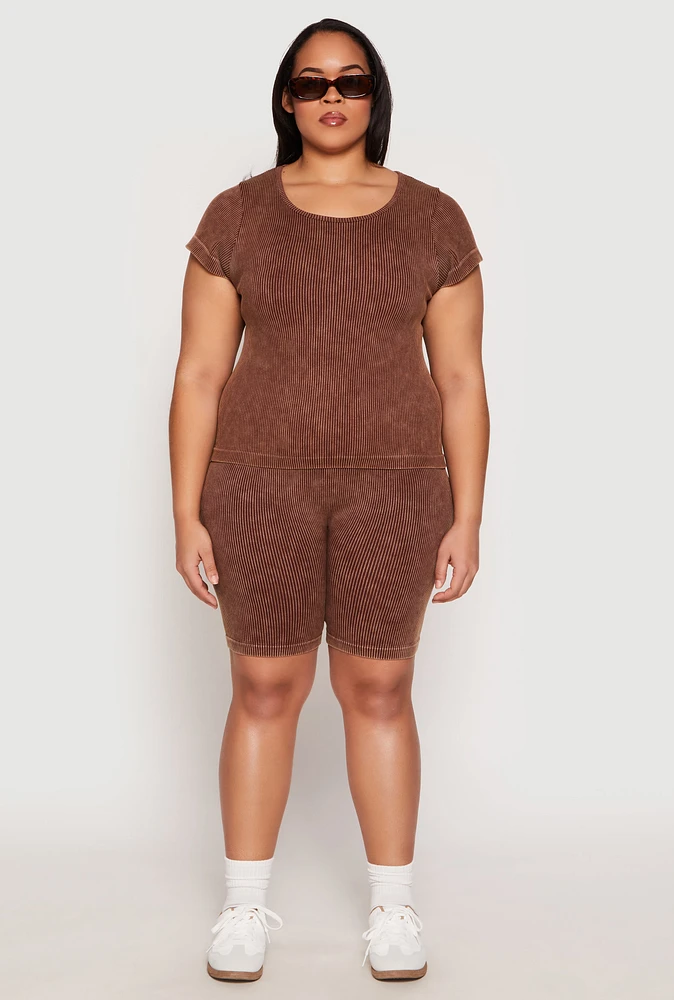 Womens Plus Size Seamless Mineral Wash Biker Shorts, Brown, Size 2X-3X