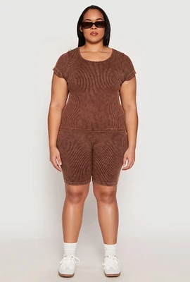 Womens Plus Size Seamless Mineral Wash Biker Shorts, Brown, Size 2X-3X