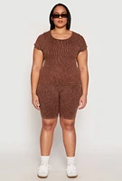 Womens Plus Size Seamless Mineral Wash Biker Shorts, Brown, Size 2X-3X