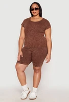 Womens Plus Size Seamless Mineral Wash Biker Shorts, Brown, Size 2X-3X