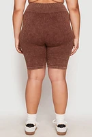 Womens Plus Size Seamless Mineral Wash Biker Shorts, Brown, Size 2X-3X