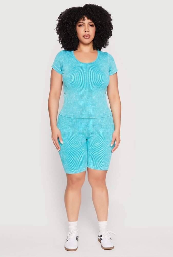 Womens Plus Size Seamless Mineral Wash Biker Shorts, Blue, Size 2X-3X