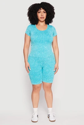 Womens Plus Size Seamless Mineral Wash Biker Shorts, Blue, Size 2X-3X