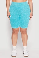Womens Plus Size Seamless Mineral Wash Biker Shorts, Blue, Size 2X-3X