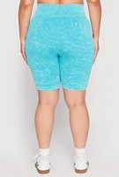 Womens Plus Size Seamless Mineral Wash Biker Shorts, Blue, Size 2X-3X