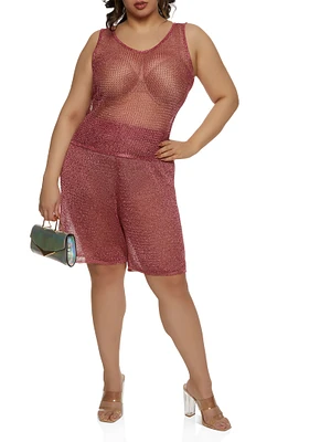 Womens Plus Size Lurex Fishnet Tank Top, Pink, Size 1X