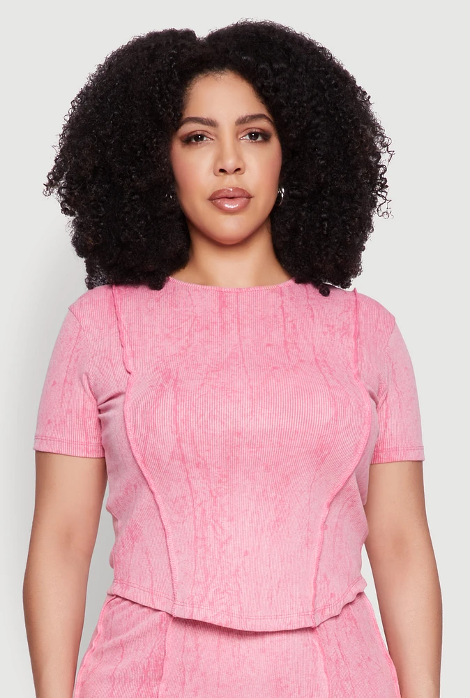 Womens Plus Size Mineral Wash Pintuck Short Sleeve Top, Pink, Size 2X