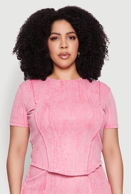 Womens Plus Size Mineral Wash Pintuck Short Sleeve Top, Pink, Size 2X