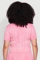 Womens Plus Size Mineral Wash Pintuck Short Sleeve Top, Pink, Size 2X