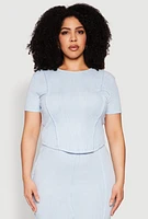 Womens Plus Mineral Wash Pintuck Short Sleeve Top,