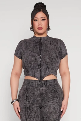 Womens Plus Size Mineral Wash Zip Front Top, Grey, Size 1X
