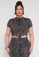 Womens Plus Size Mineral Wash Zip Front Top, Grey, Size 1X