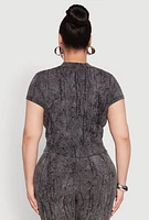 Womens Plus Size Mineral Wash Zip Front Top, Grey, Size 1X