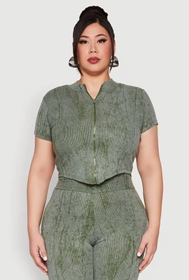 Womens Plus Size Mineral Wash Zip Front Top, Green, Size 2X