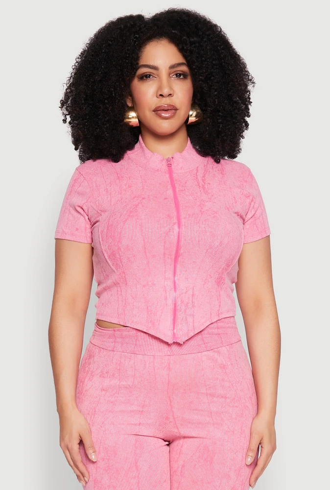 Womens Plus Mineral Wash Zip Front Top, Pink,