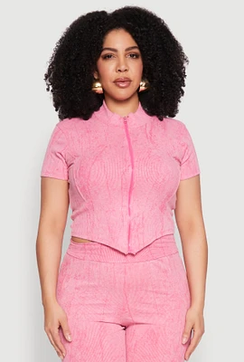 Womens Plus Mineral Wash Zip Front Top, Pink,