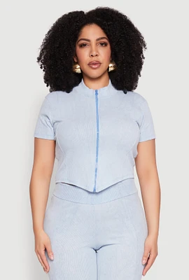 Womens Plus Mineral Wash Zip Front Top,