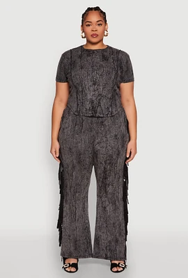 Womens Plus Size Mineral Wash Side Fringe Pants, Grey, Size 3X