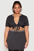 Womens Plus Rhinestone Collar Tie Front Top, 2X