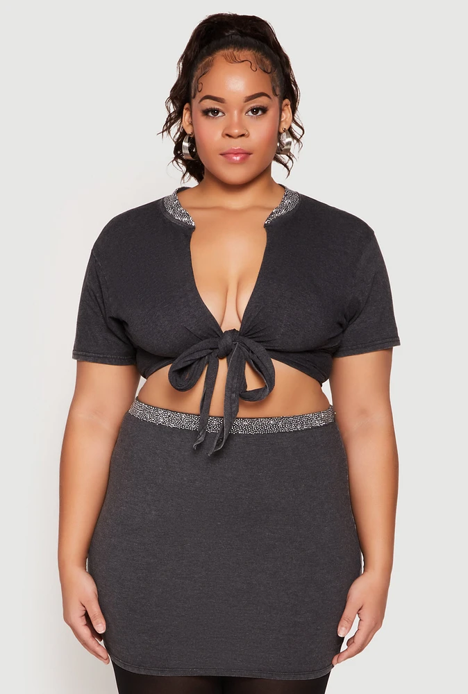 Womens Plus Size Rhinestone Collar Tie Front Top, Grey, Size 2X