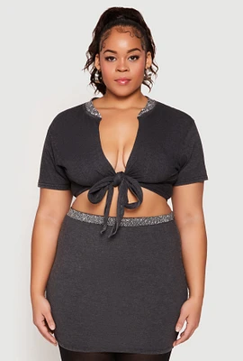 Womens Plus Size Rhinestone Collar Tie Front Top, Grey, Size 2X