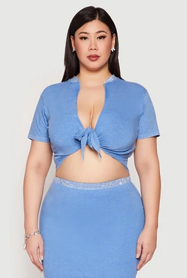 Womens Plus Rhinestone Collar Tie Front Top,