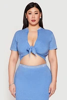 Womens Plus Rhinestone Collar Tie Front Top,