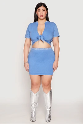 Womens Plus Rhinestone Waist Mini Skirt, Blue,